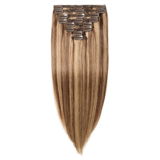 100% Human Hair Clip- in Extensions - #4-27 Choc- Honey Highlights