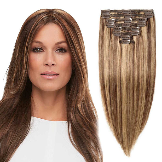 100% Human Hair Clip- in Extensions - #4-27 Choc- Honey Highlights