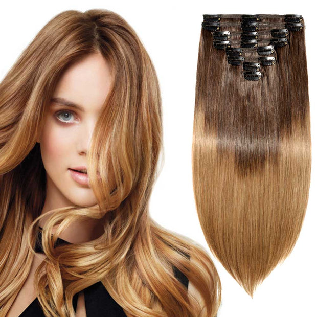 100% Human Hair Clip- in Extensions - #2-06 Mocha- Caramel Ombre